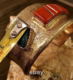 MASSIVE 244+G WES WILLIE Solid 14k Gold LANDER BLUE Turquoise & Red Coral Cuff