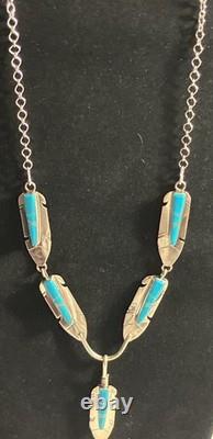 Mary Yazzie Navajo Handmade Sterling Inlay Turquoise Feather Necklace 22