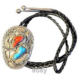 Masterly Justin Morris Navajo Morenci Turquoise Coral Sterling Silver Bolotie