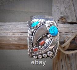 Men's Native American Navajo Sterling Silver Turquoise Coral Watch Bracelet