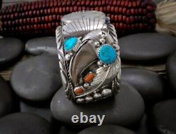 Men's Native American Navajo Sterling Silver Turquoise Coral Watch Bracelet