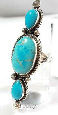 NAVAJO FRED FRANCIS 925 STERLING ELONGATED KINGMAN TURQUOISE SIZE 8.75 RING 9.1g