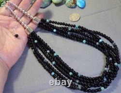 NAVAJO PEARLS Black Quartz NATURAL TURQUOISE Sterling Silver 22-26115g NECKLACE