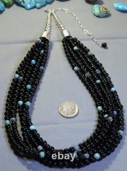 NAVAJO PEARLS Black Quartz NATURAL TURQUOISE Sterling Silver 22-26115g NECKLACE