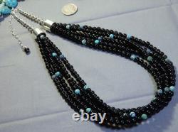 NAVAJO PEARLS Black Quartz NATURAL TURQUOISE Sterling Silver 22-26115g NECKLACE