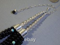 NAVAJO PEARLS Black Quartz NATURAL TURQUOISE Sterling Silver 22-26115g NECKLACE