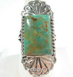 NAVAJO RUNNING BEAR 925 ELONGATED ETCHED ROYSTON TURQUOISE SIZE 9 RING 16.2g