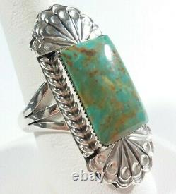 NAVAJO RUNNING BEAR 925 ELONGATED ETCHED ROYSTON TURQUOISE SIZE 9 RING 16.2g