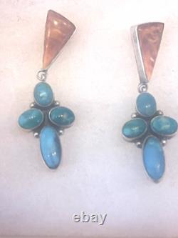 NAVAJO STERLING SILVER TURQUOISE OYSTER NATIVE AMERICAN INDIAN EARRINGS C. Wylle