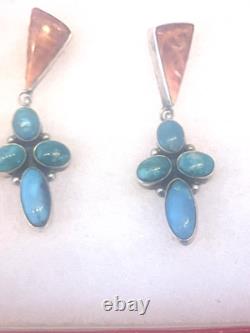NAVAJO STERLING SILVER TURQUOISE OYSTER NATIVE AMERICAN INDIAN EARRINGS C. Wylle