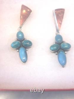 NAVAJO STERLING SILVER TURQUOISE OYSTER NATIVE AMERICAN INDIAN EARRINGS C. Wylle