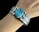 Navajo Sterling Silver Turquoise Etched Cuff Bracelet Southwest Native American