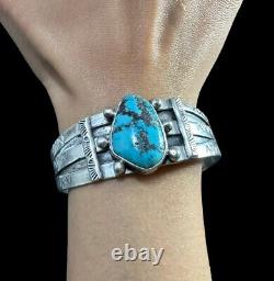 NAVAJO Sterling Silver Turquoise Etched Cuff Bracelet Southwest Native American
