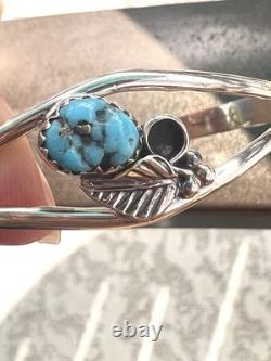 NAVAJO Sterling Silver Turquoise Etched Cuff Bracelet Southwest Native American