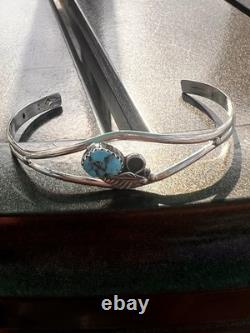 NAVAJO Sterling Silver Turquoise Etched Cuff Bracelet Southwest Native American