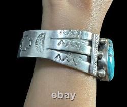 NAVAJO Sterling Silver Turquoise Etched Cuff Bracelet Southwest Native American