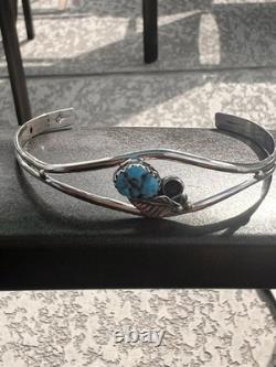 NAVAJO Sterling Silver Turquoise Etched Cuff Bracelet Southwest Native American