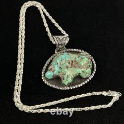 NAVAJO Turquoise Necklace Sterling Silver Buffalo Bison Natural Chunk 44.1 GRAMS