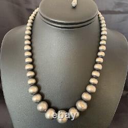 Native Amer Navajo Pearls Grad Sterling Silver Round Seamless Bead Necklace 19