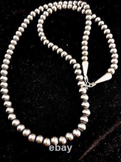 Native American 4mm Sterling Silver Navajo Pearls 26 Hook & Eye Cone Necklace