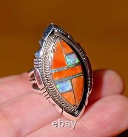 Native American Anthony Bowman Navajo Silver Inlaid Opal Spiny Oyster Ring SZ 9