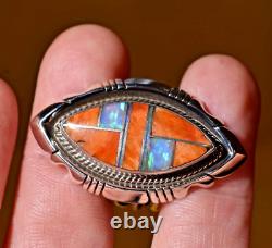 Native American Anthony Bowman Navajo Silver Inlaid Opal Spiny Oyster Ring SZ 9