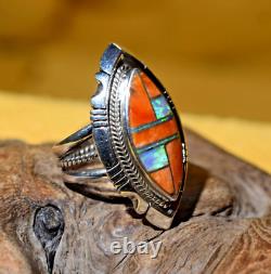 Native American Anthony Bowman Navajo Silver Inlaid Opal Spiny Oyster Ring SZ 9