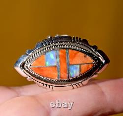 Native American Anthony Bowman Navajo Silver Inlaid Opal Spiny Oyster Ring SZ 9