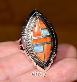 Native American Anthony Bowman Navajo Silver Inlaid Opal Spiny Oyster Ring SZ 9