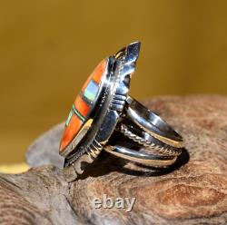 Native American Anthony Bowman Navajo Silver Inlaid Opal Spiny Oyster Ring SZ 9
