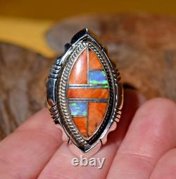 Native American Anthony Bowman Navajo Silver Inlaid Opal Spiny Oyster Ring SZ 9