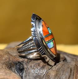 Native American Anthony Bowman Navajo Silver Inlaid Opal Spiny Oyster Ring SZ 9