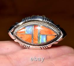 Native American Anthony Bowman Navajo Silver Inlaid Opal Spiny Oyster Ring SZ 9