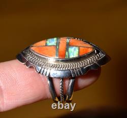 Native American Anthony Bowman Navajo Silver Inlaid Opal Spiny Oyster Ring SZ 9