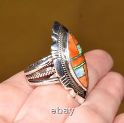 Native American Anthony Bowman Navajo Silver Inlaid Opal Spiny Oyster Ring SZ 9
