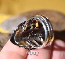 Native American Anthony Bowman Navajo Silver Inlaid Opal Spiny Oyster Ring SZ 9