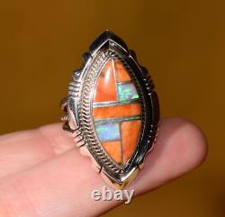 Native American Anthony Bowman Navajo Silver Inlaid Opal Spiny Oyster Ring SZ 9