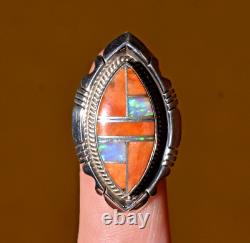 Native American Anthony Bowman Navajo Silver Inlaid Opal Spiny Oyster Ring SZ 9