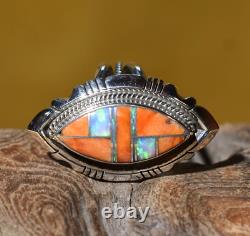Native American Anthony Bowman Navajo Silver Inlaid Opal Spiny Oyster Ring SZ 9