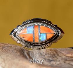 Native American Anthony Bowman Navajo Silver Inlaid Opal Spiny Oyster Ring SZ 9