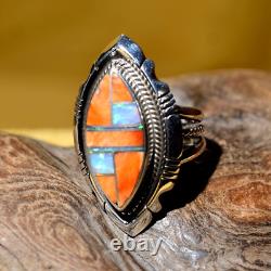 Native American Anthony Bowman Navajo Silver Inlaid Opal Spiny Oyster Ring SZ 9