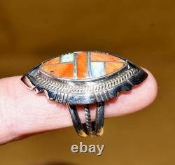 Native American Anthony Bowman Navajo Silver Inlaid Opal Spiny Oyster Ring SZ 9