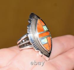 Native American Anthony Bowman Navajo Silver Inlaid Opal Spiny Oyster Ring SZ 9
