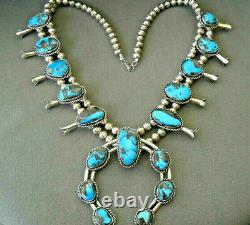 Native American Bisbee Morenci Turquoise Sterling Silver Squash Blossom Necklace