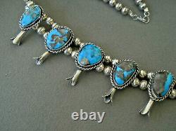 Native American Bisbee Morenci Turquoise Sterling Silver Squash Blossom Necklace