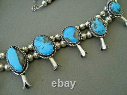 Native American Bisbee Morenci Turquoise Sterling Silver Squash Blossom Necklace