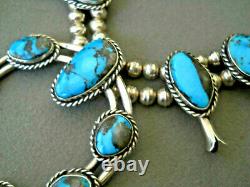 Native American Bisbee Morenci Turquoise Sterling Silver Squash Blossom Necklace