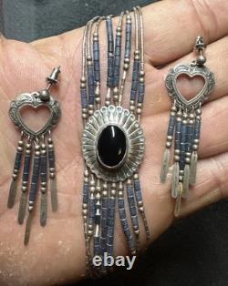 Native American Bracelet Onyx Sterling Silver Earrings Navajo Jewelry