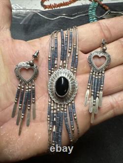 Native American Bracelet Onyx Sterling Silver Earrings Navajo Jewelry
