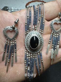 Native American Bracelet Onyx Sterling Silver Earrings Navajo Jewelry